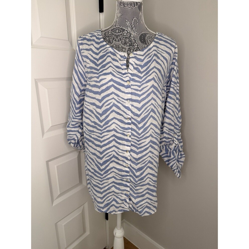 Tahari Blue White 100% Linen Rolled Tab Button Down size 2X XXL